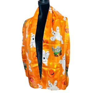 Halloween Ghost & Pumpkin Satin Scarf W/ Black Lining Orange Novelty Print Wrap